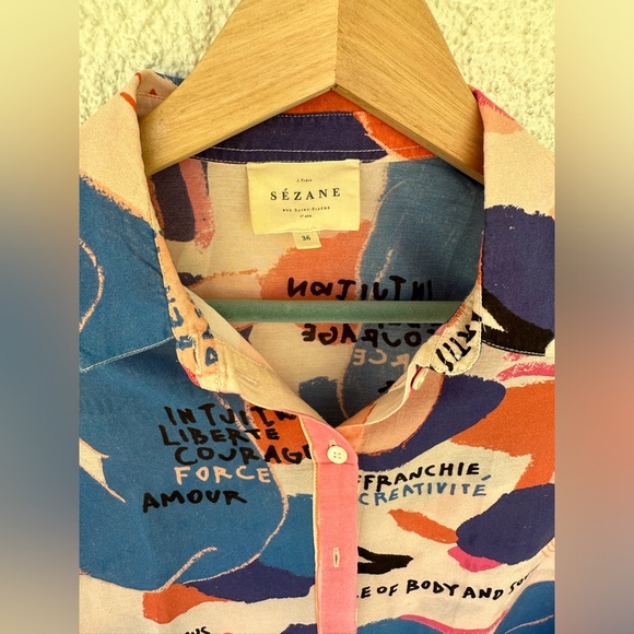 Rare Sezane Pierro button Shirt in Femme silk blue red pink - Picture 2 of 5